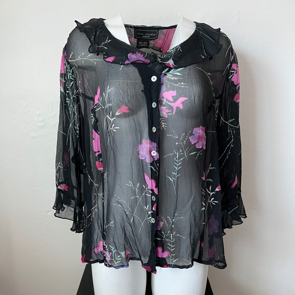 Tess Studio Woman Black 100% Silk Floral Sheer Ruffle Blouse Top Plus Size 2X